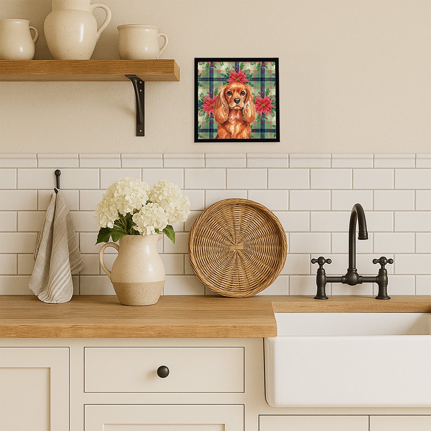 Ruby English Toy Spaniel Christmas PoinsettIas Framed Metal Print Bathroom, Kitchen, Office, Home Decor Wall Art Ready to Hang, Square, 8X8