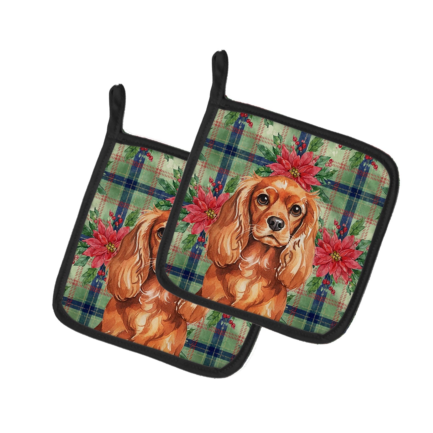 Ruby English Toy Spaniel Christmas PoinsettIas Pot Holder Set of 2 Heat Resistant Quilted Hot Pads 7.5 x 7.5 Inch, Insulated Kitchen Trivets for Cooking & Baking