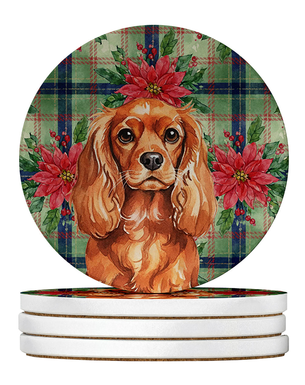 Ruby English Toy Spaniel Christmas PoinsettIas Large Sandstone Coasters Pack of 4 Absorbent Round Coasters Decor Gifts for Men or Women, 4 in, Multicolor