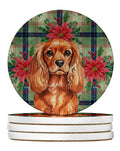 Ruby English Toy Spaniel Christmas PoinsettIas Large Sandstone Coasters Pack of 4 Absorbent Round Coasters Decor Gifts for Men or Women, 4 in, Multicolor