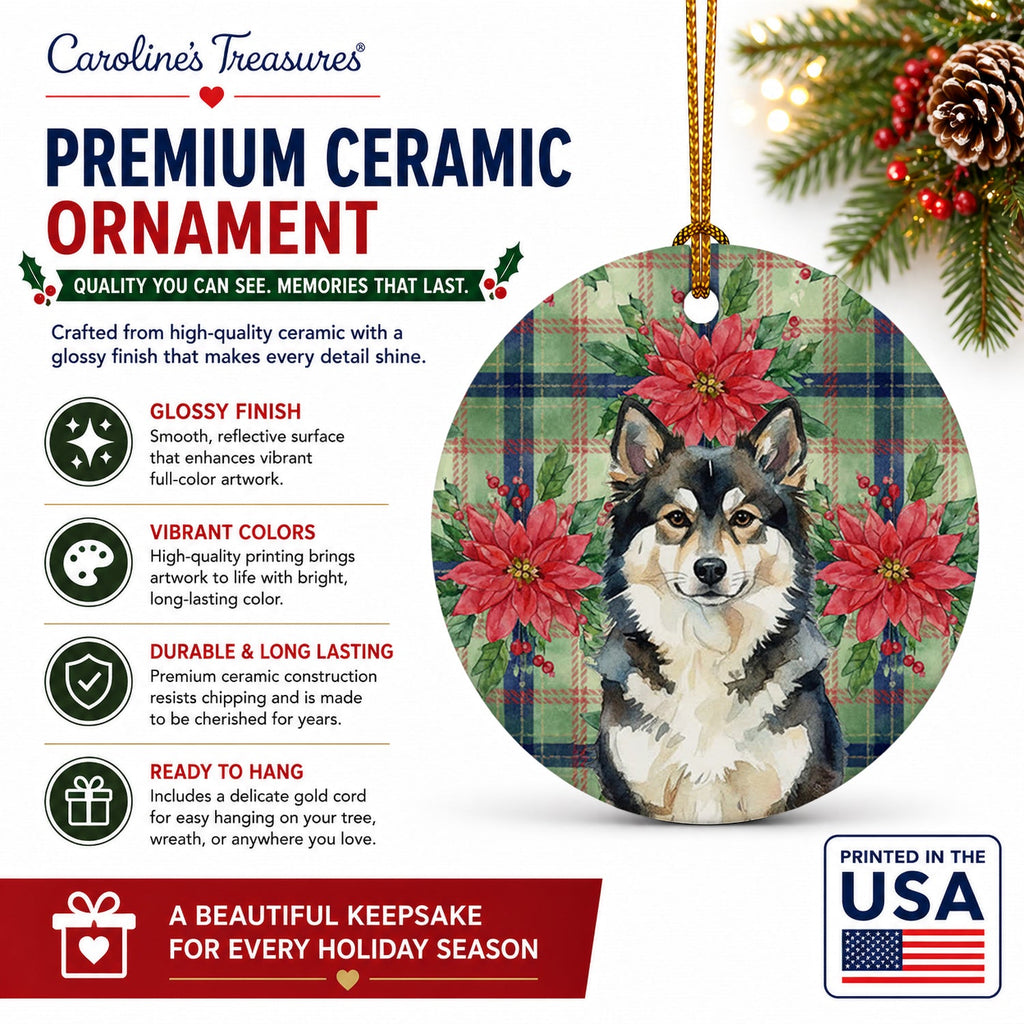 Finnish Lapphund Christmas PoinsettIas Ceramic Ornament Christmas Tree Hanging Decorations for Home Christmas Holiday, Party, Gift, 3 in, Multicolor