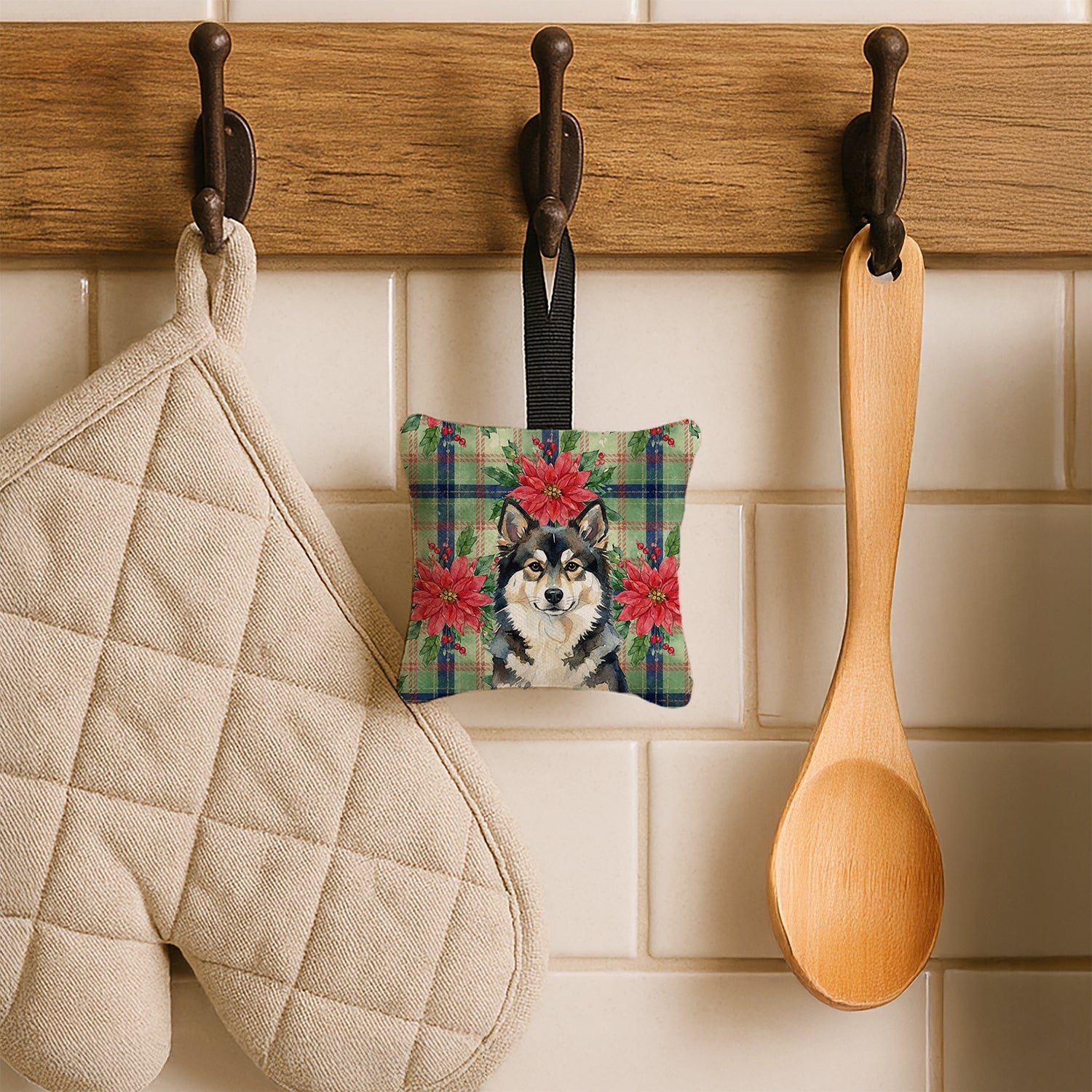 Finnish Lapphund Christmas PoinsettIas Hanging Square Fabric Ornament 3.5 � 3.5 Decorative Door-Knob & Tree Hanger, Soft Fabric