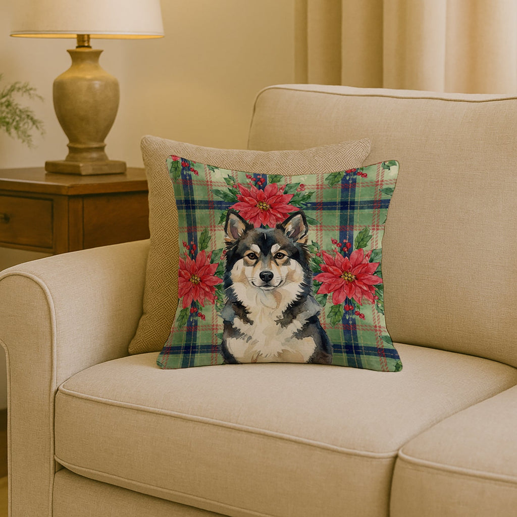 Finnish Lapphund Christmas PoinsettIas Decorative Throw Pillow 18x18 Indoor Outdoor Accent Cushion, Fabric Cover with Insert for Sofa, Bed, Porch & Living Room