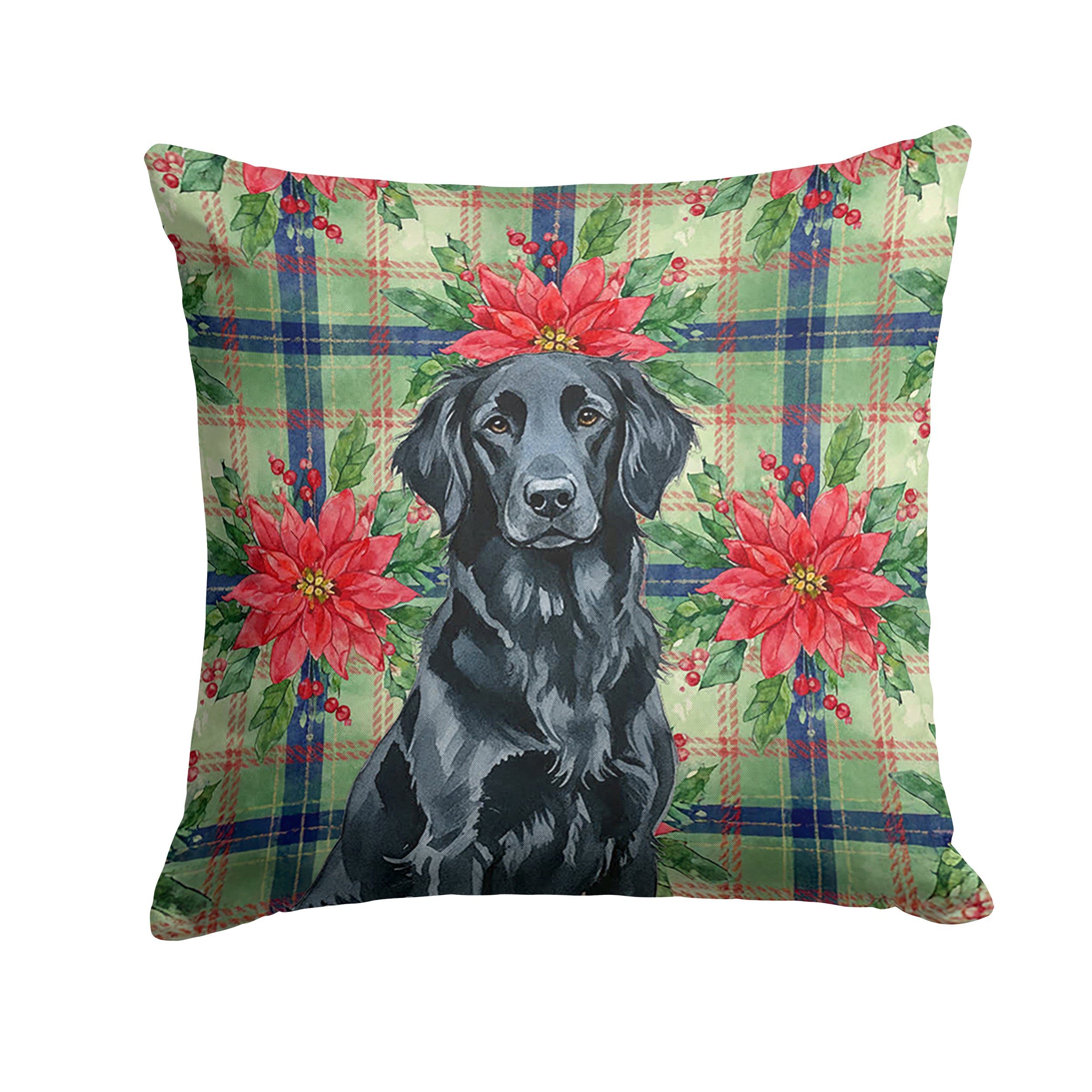 Black Flat-Coated Retriever Christmas PoinsettIas Decorative Throw Pillow 18x18 Indoor Outdoor Accent Cushion, Fabric Cover with Insert for Sofa, Bed, Porch & Living Room