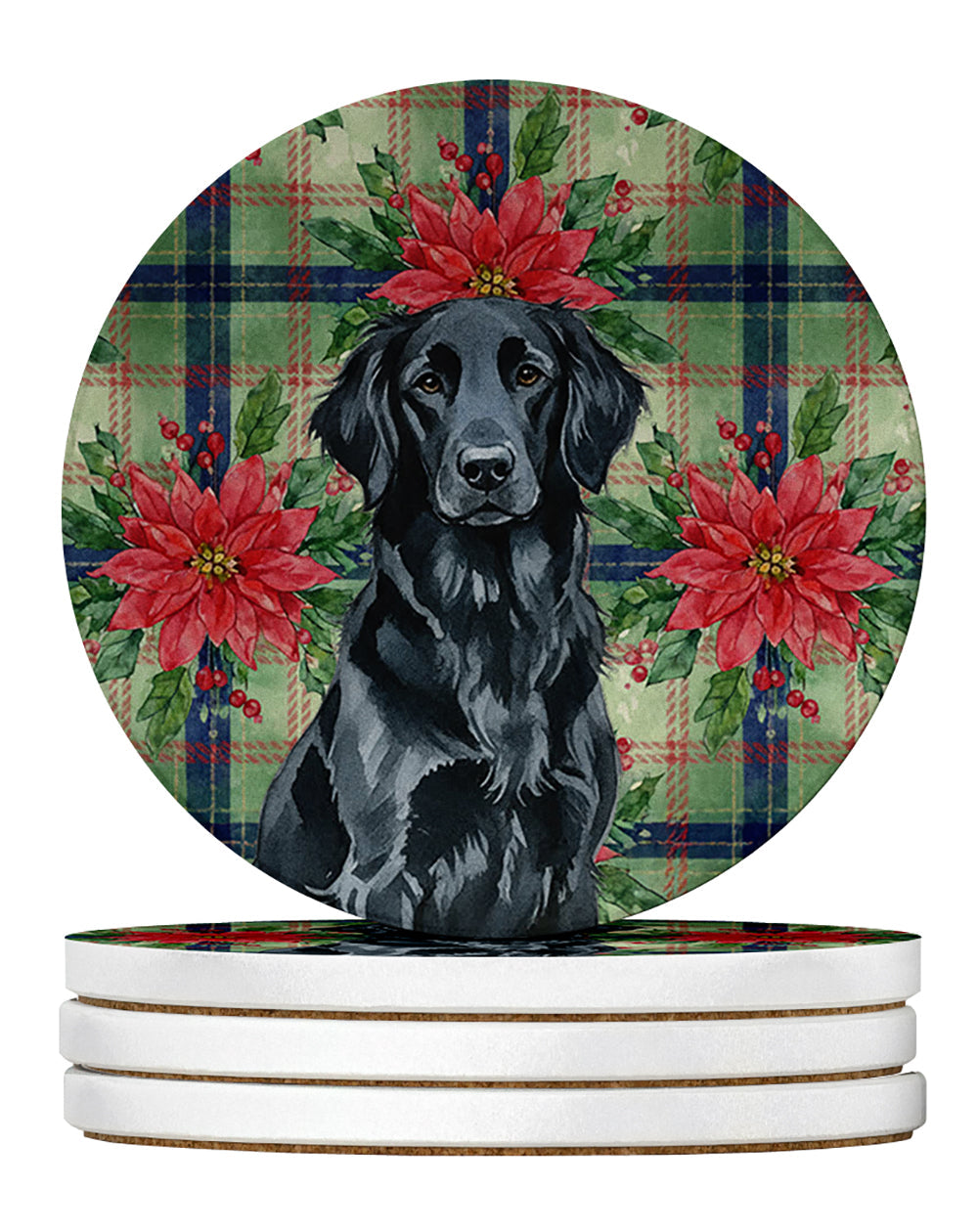 Black Flat-Coated Retriever Christmas PoinsettIas Large Sandstone Coasters Pack of 4 Absorbent Round Coasters Decor Gifts for Men or Women, 4 in, Multicolor
