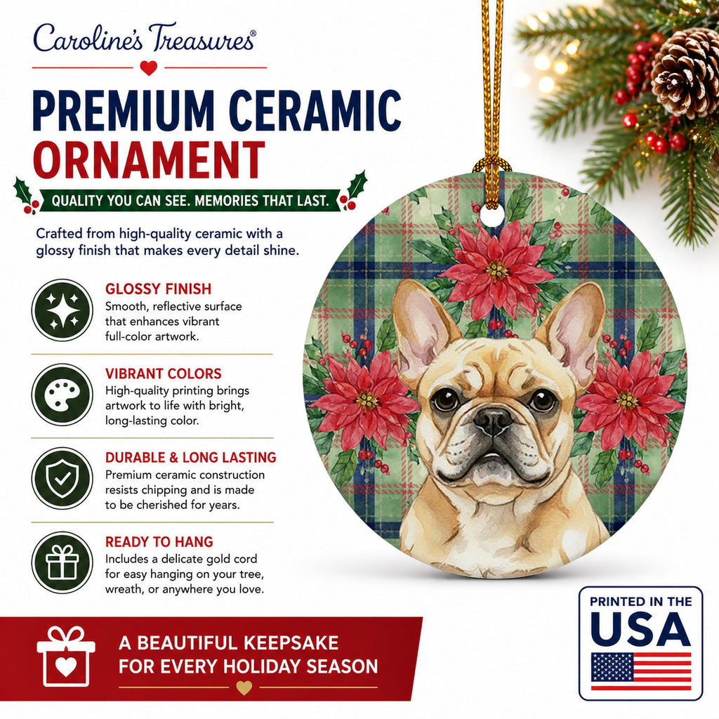 Fawn French Bulldog Christmas PoinsettIas Ceramic Ornament Christmas Tree Hanging Decorations for Home Christmas Holiday, Party, Gift, 3 in, Multicolor