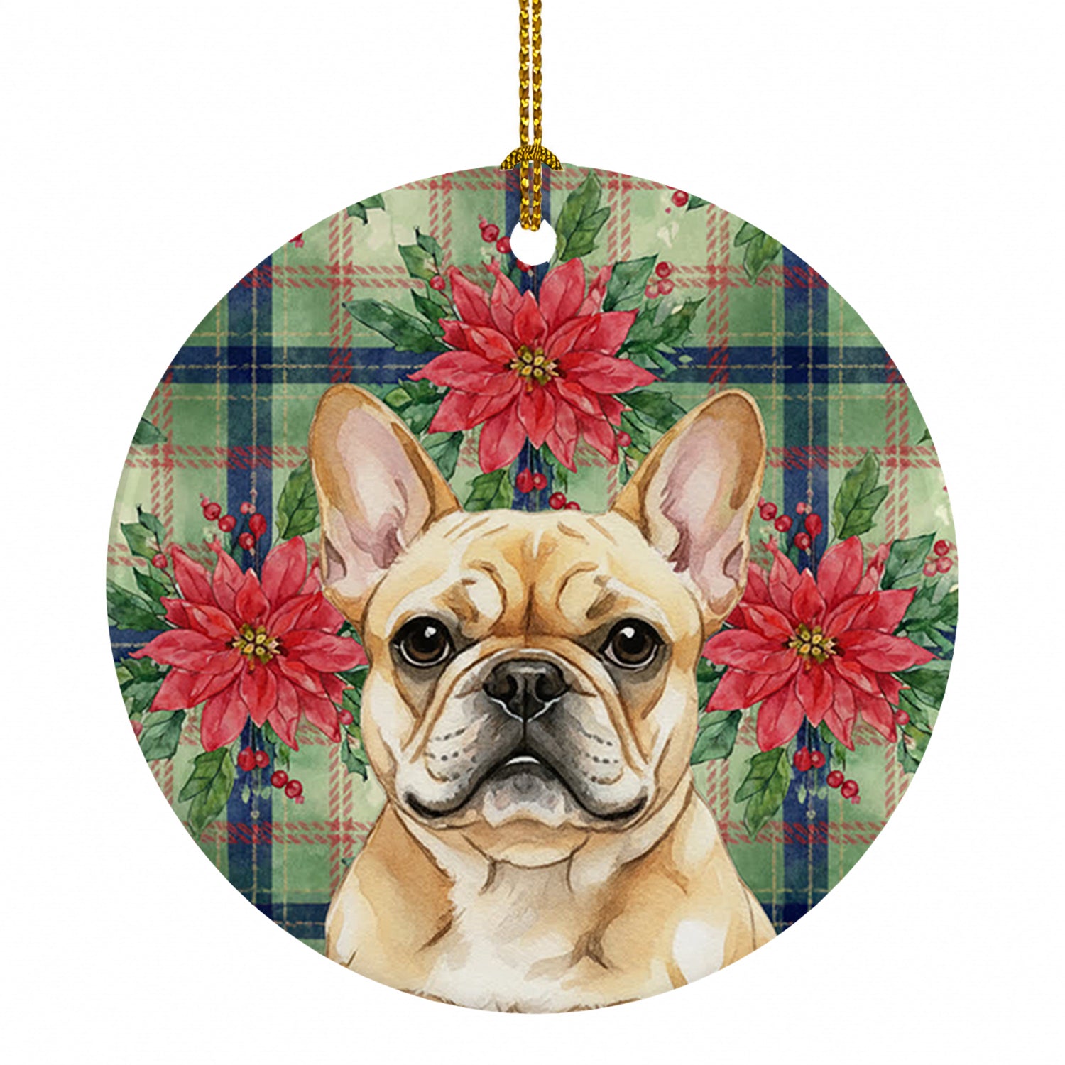 Fawn French Bulldog Christmas PoinsettIas Ceramic Ornament Christmas Tree Hanging Decorations for Home Christmas Holiday, Party, Gift, 3 in, Multicolor