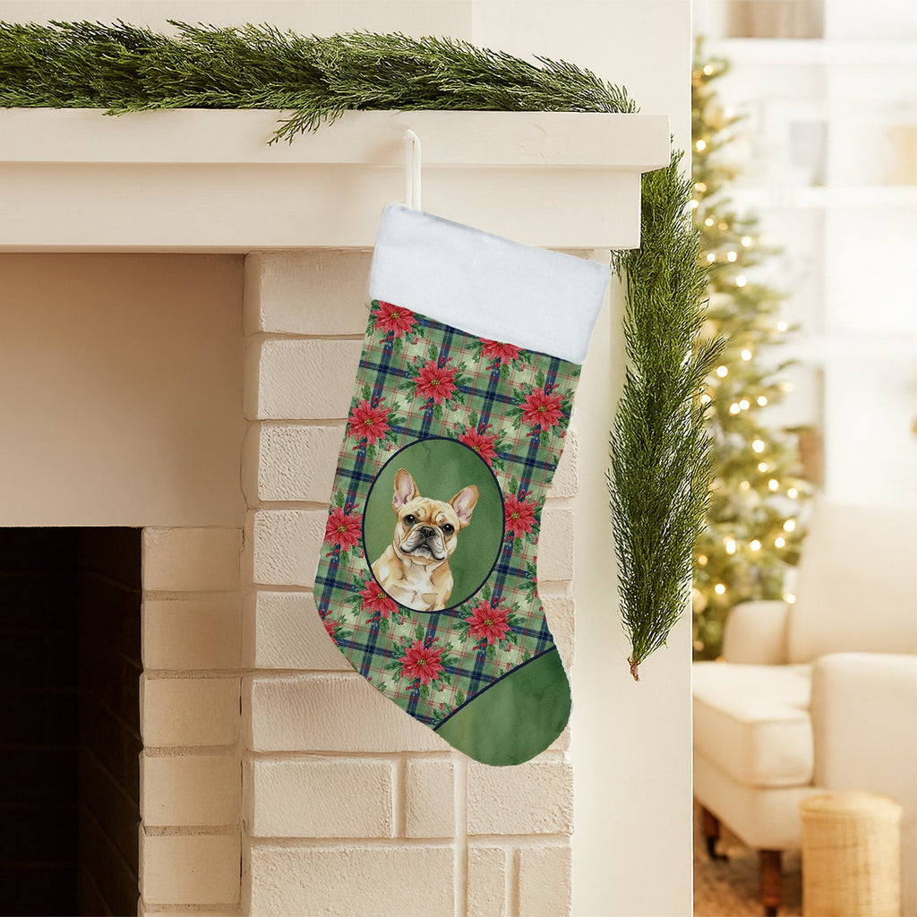 Fawn French Bulldog Christmas PoinsettIas Holiday Stocking Double-Sided Print, Polyester Suede,11x18, Made in USA