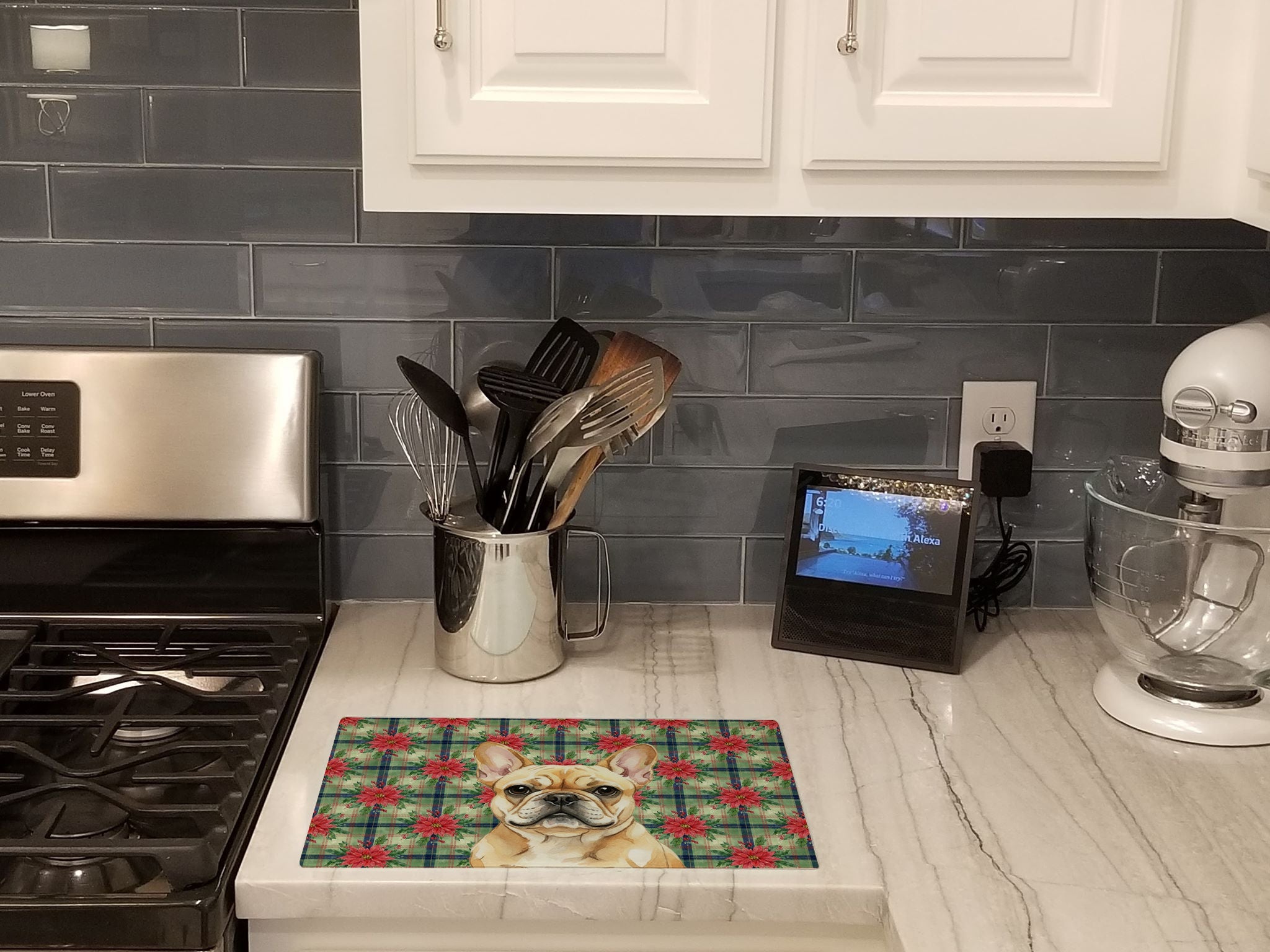 Fawn French Bulldog Christmas PoinsettIas Cutting Board Tempered Glass Kitchen Cutting Surface, Heat Resistant Chopping, Non-Slip Feet, Food Prep & Serving