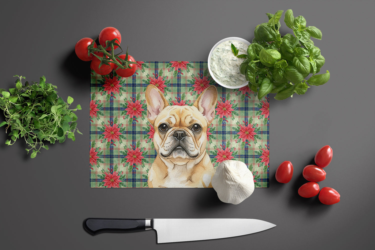 Fawn French Bulldog Christmas PoinsettIas Cutting Board Tempered Glass Kitchen Cutting Surface, Heat Resistant Chopping, Non-Slip Feet, Food Prep & Serving