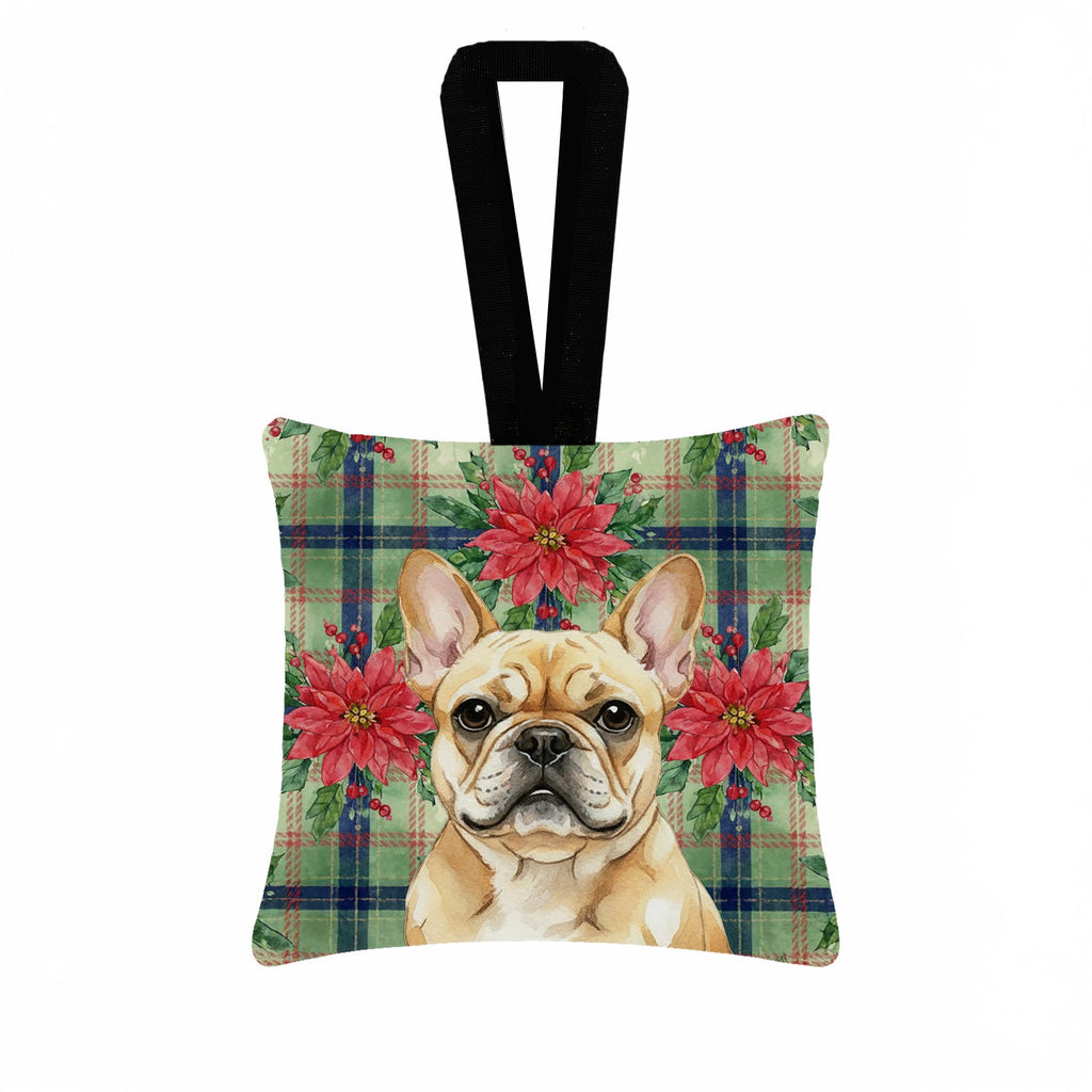 Fawn French Bulldog Christmas PoinsettIas Hanging Square Fabric Ornament 3.5 � 3.5 Decorative Door-Knob & Tree Hanger, Soft Fabric
