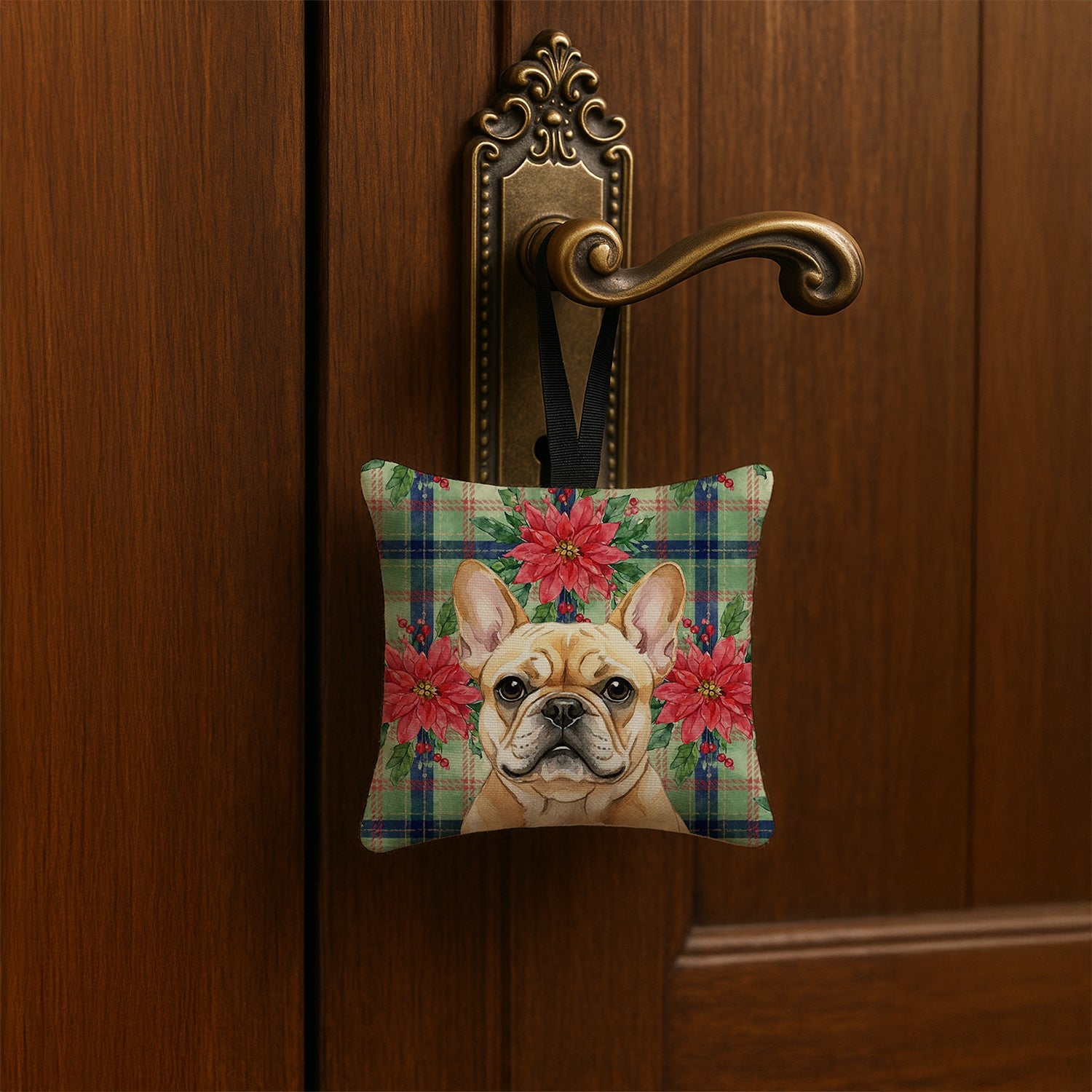 Fawn French Bulldog Christmas PoinsettIas Hanging Square Fabric Ornament 3.5 � 3.5 Decorative Door-Knob & Tree Hanger, Soft Fabric