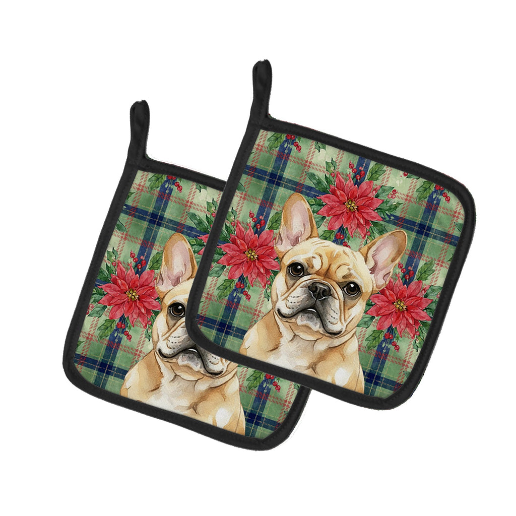 Fawn French Bulldog Christmas PoinsettIas Pot Holder Set of 2 Heat Resistant Quilted Hot Pads 7.5 x 7.5 Inch, Insulated Kitchen Trivets for Cooking & Baking