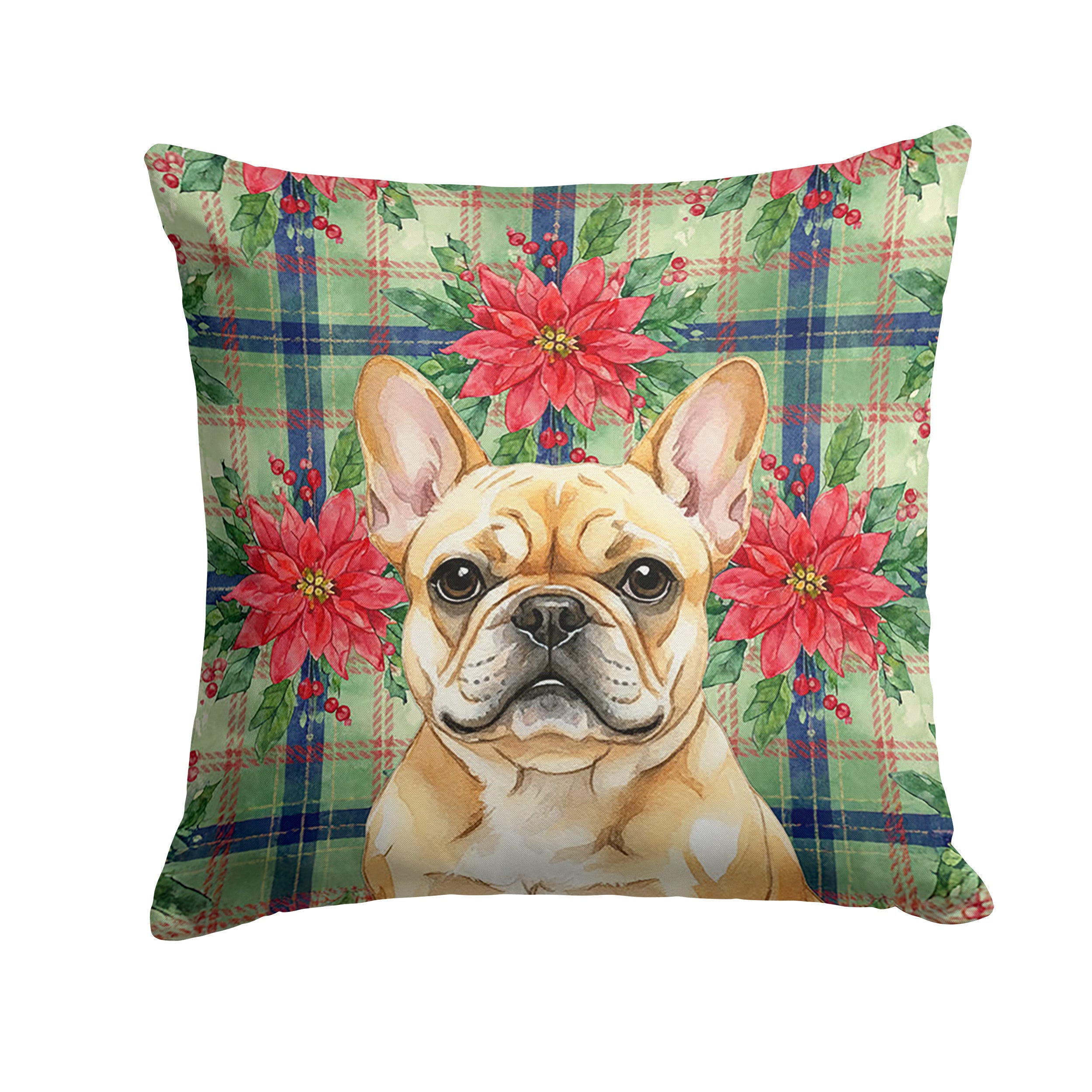 Fawn French Bulldog Christmas PoinsettIas Decorative Throw Pillow 14x14 Indoor Outdoor Accent Cushion, Fabric Cover with Insert for Sofa, Bed, Porch & Living Room
