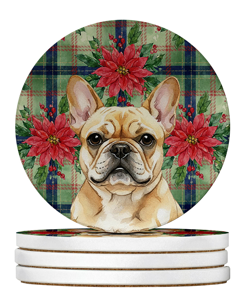Fawn French Bulldog Christmas PoinsettIas Large Sandstone Coasters Pack of 4 Absorbent Round Coasters Decor Gifts for Men or Women, 4 in, Multicolor