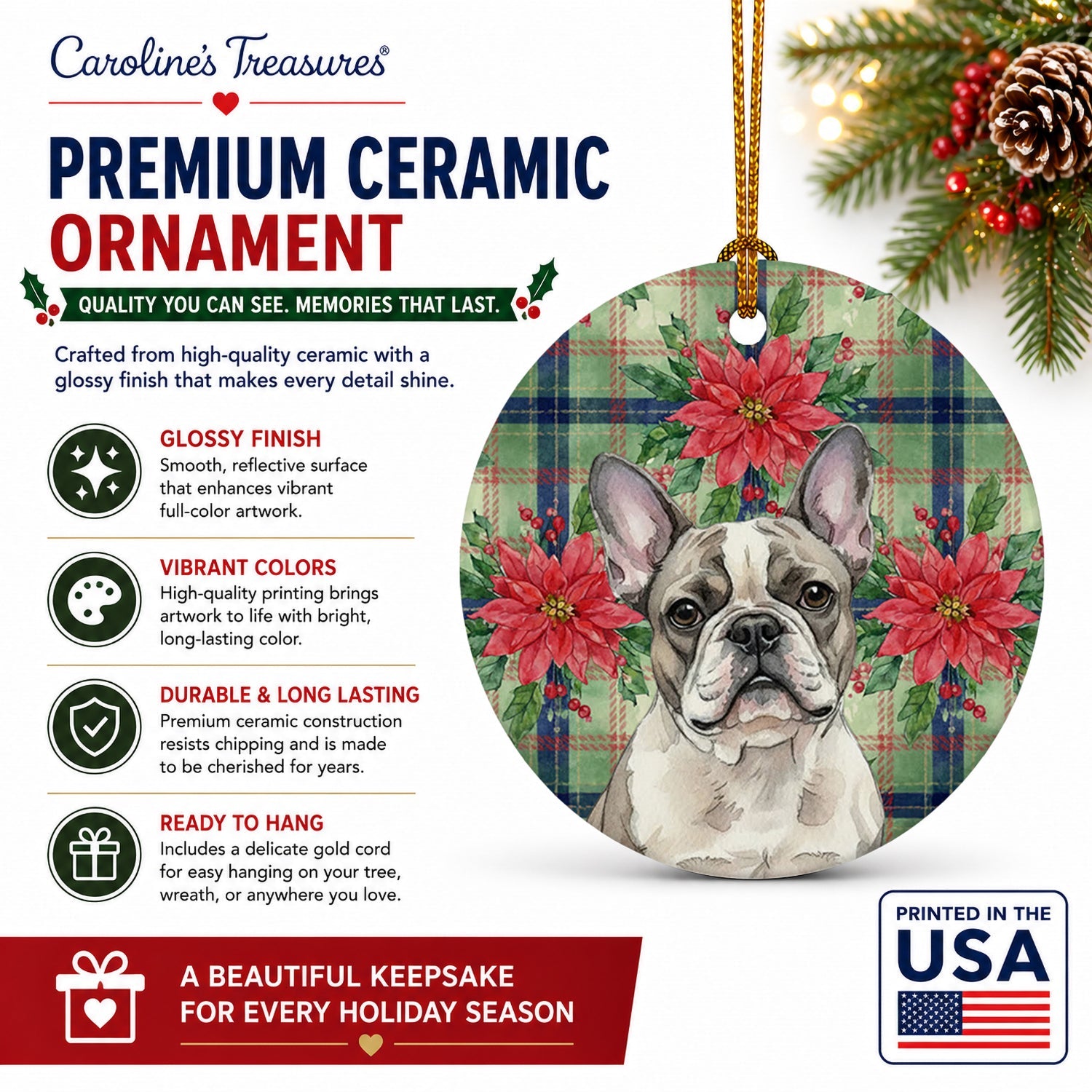 Pied French Bulldog Christmas PoinsettIas Ceramic Ornament Christmas Tree Hanging Decorations for Home Christmas Holiday, Party, Gift, 3 in, Multicolor