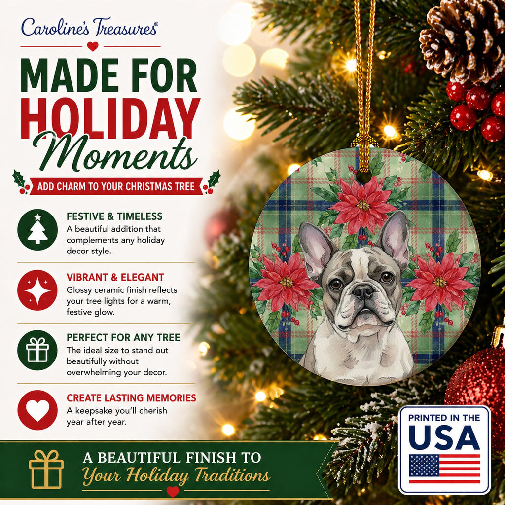 Pied French Bulldog Christmas PoinsettIas Ceramic Ornament Christmas Tree Hanging Decorations for Home Christmas Holiday, Party, Gift, 3 in, Multicolor