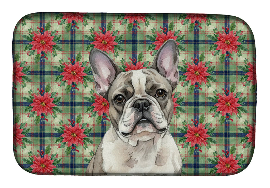 Pied French Bulldog Christmas PoinsettIas Dish Drying Mat Absorbent Dish Drying Mat Pad for Kitchen Counter Dish Drainer Mat for Countertop, 14 x 21", Multicolor