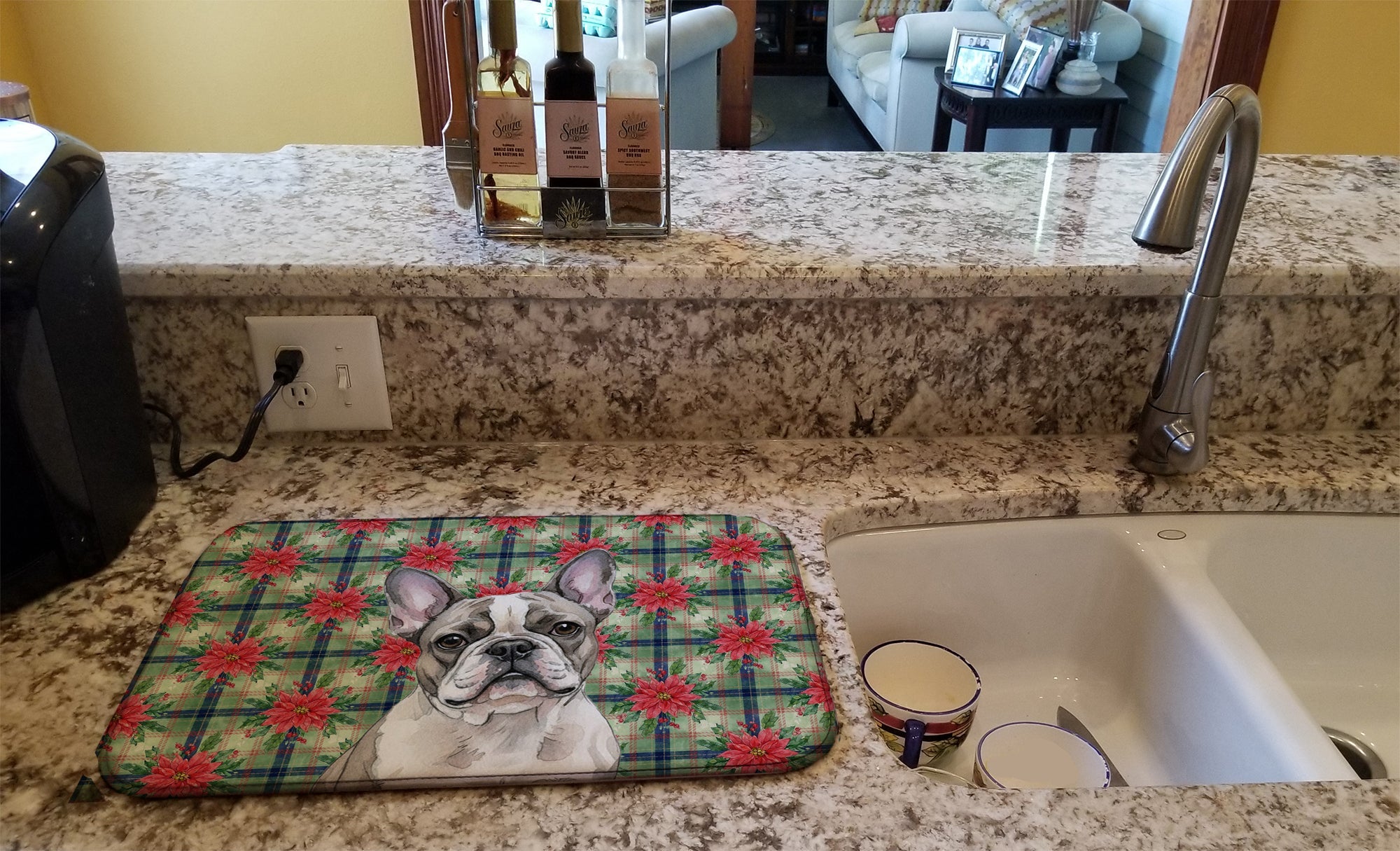 Pied French Bulldog Christmas PoinsettIas Dish Drying Mat Absorbent Dish Drying Mat Pad for Kitchen Counter Dish Drainer Mat for Countertop, 14 x 21", Multicolor