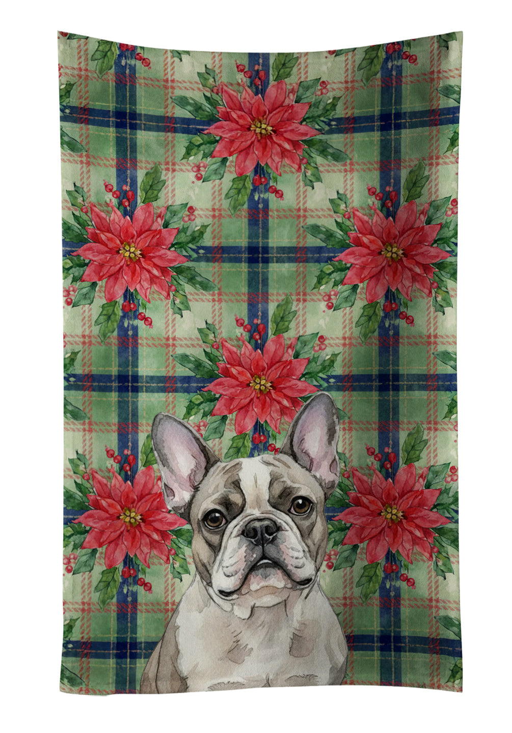 Pied French Bulldog Christmas PoinsettIas Kitchen Towel Velour Plush Front and Cotton Loop Back Machine Washable
