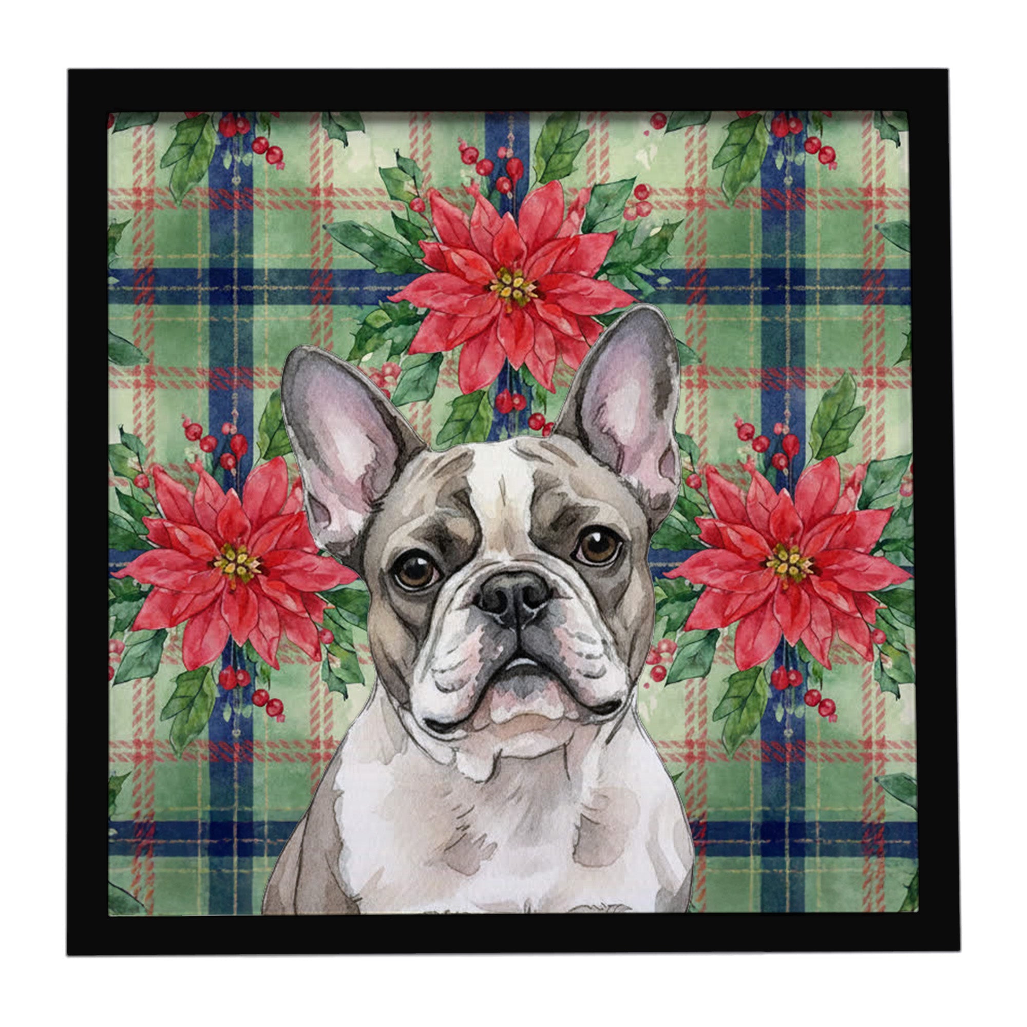 Pied French Bulldog Christmas PoinsettIas Framed Metal Print Bathroom, Kitchen, Office, Home Decor Wall Art Ready to Hang, Square, 8X8