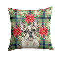 Pied French Bulldog Christmas PoinsettIas Decorative Throw Pillow 18x18 Indoor Outdoor Accent Cushion, Fabric Cover with Insert for Sofa, Bed, Porch & Living Room