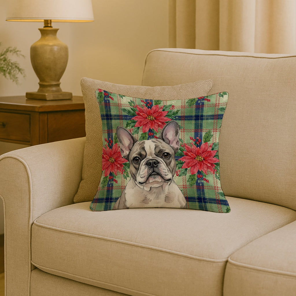 Pied French Bulldog Christmas PoinsettIas Decorative Throw Pillow 18x18 Indoor Outdoor Accent Cushion, Fabric Cover with Insert for Sofa, Bed, Porch & Living Room