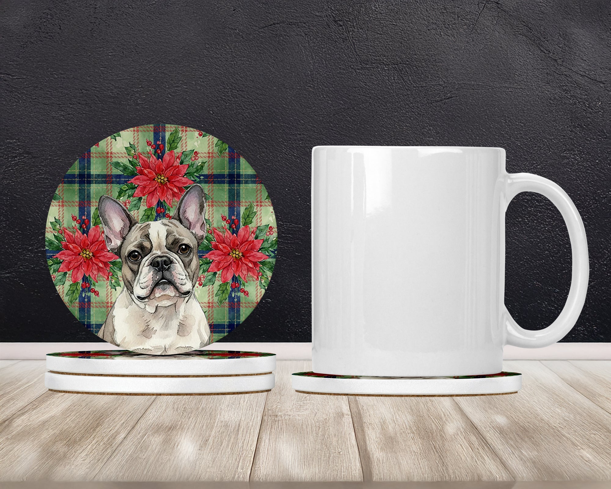 Pied French Bulldog Christmas PoinsettIas Large Sandstone Coasters Pack of 4 Absorbent Round Coasters Decor Gifts for Men or Women, 4 in, Multicolor