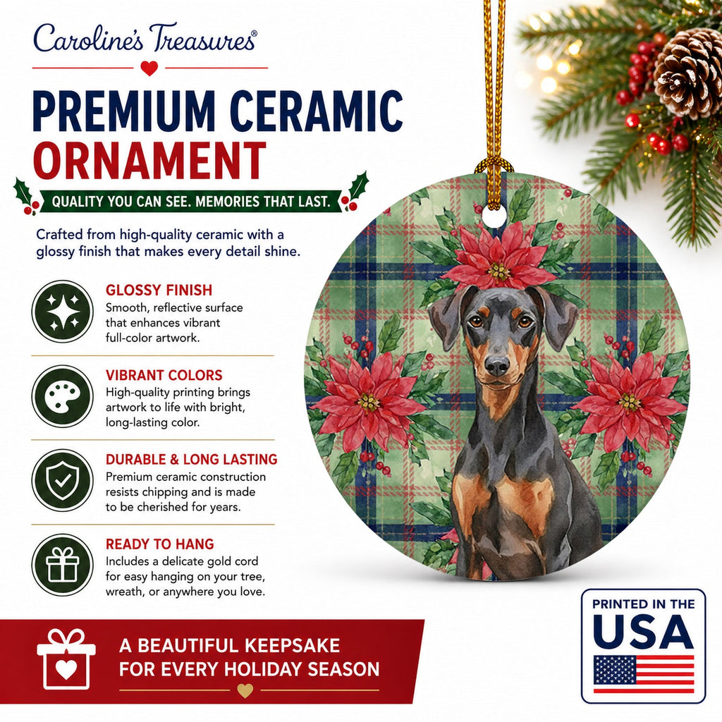 German Pinscher Christmas PoinsettIas Ceramic Ornament Christmas Tree Hanging Decorations for Home Christmas Holiday, Party, Gift, 3 in, Multicolor