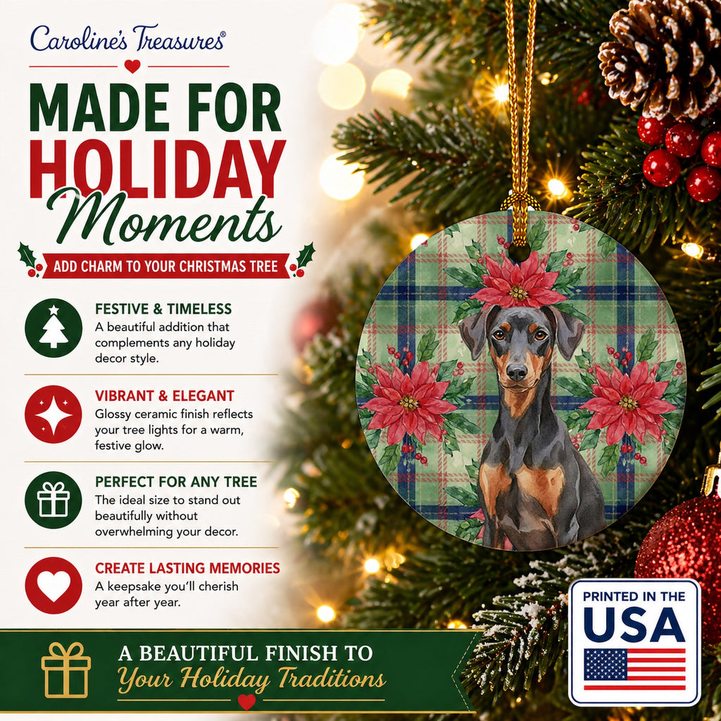 German Pinscher Christmas PoinsettIas Ceramic Ornament Christmas Tree Hanging Decorations for Home Christmas Holiday, Party, Gift, 3 in, Multicolor