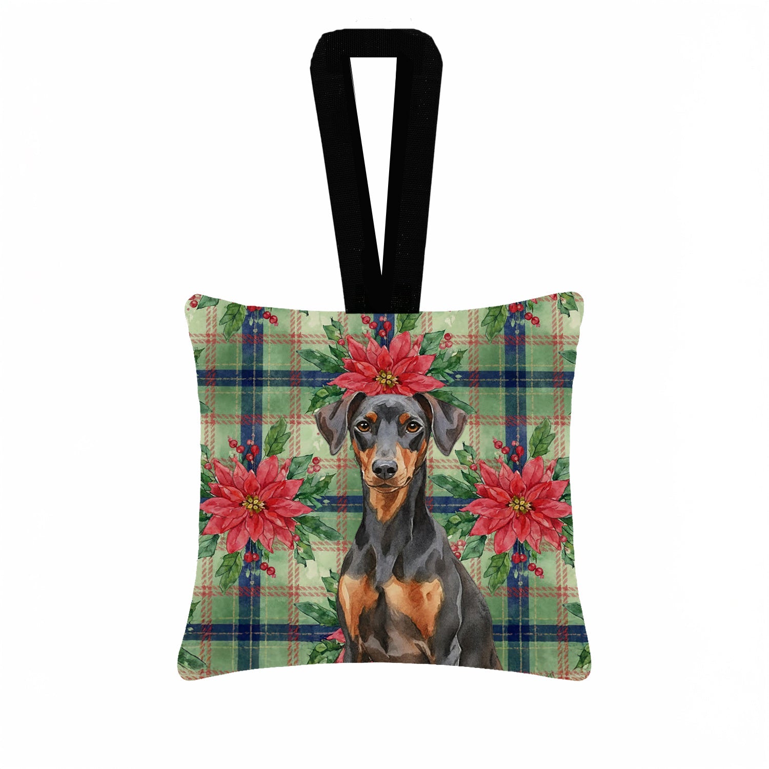 German Pinscher Christmas PoinsettIas Hanging Square Fabric Ornament 3.5 � 3.5 Decorative Door-Knob & Tree Hanger, Soft Fabric