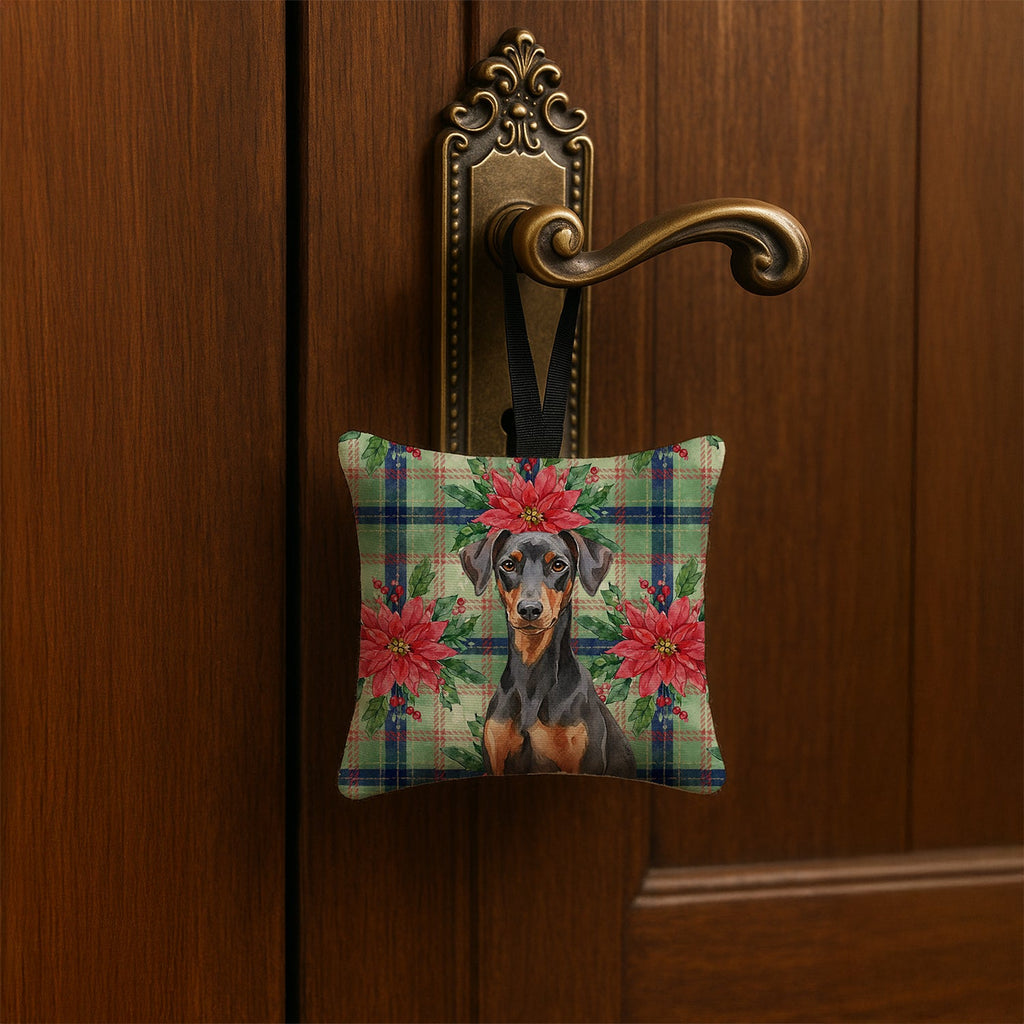 German Pinscher Christmas PoinsettIas Hanging Square Fabric Ornament 3.5 � 3.5 Decorative Door-Knob & Tree Hanger, Soft Fabric