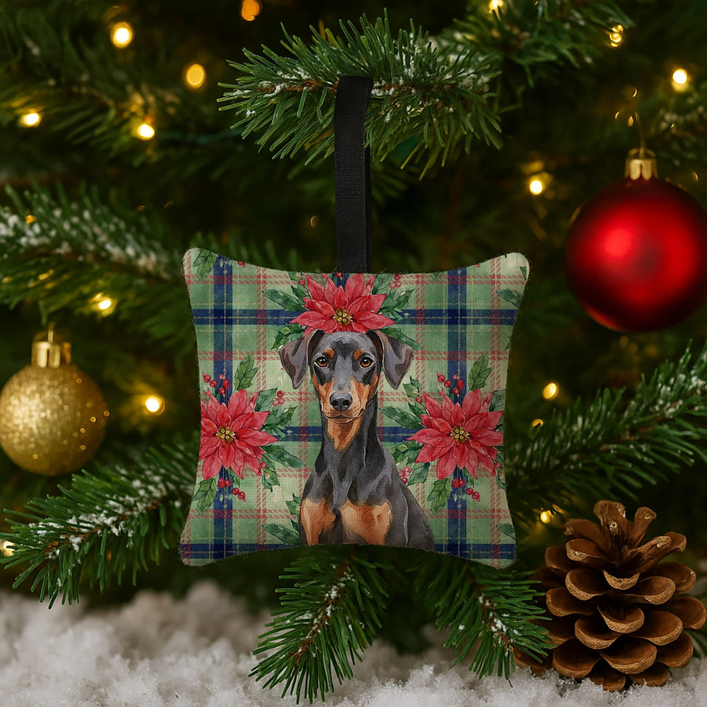 German Pinscher Christmas PoinsettIas Hanging Square Fabric Ornament 3.5 � 3.5 Decorative Door-Knob & Tree Hanger, Soft Fabric