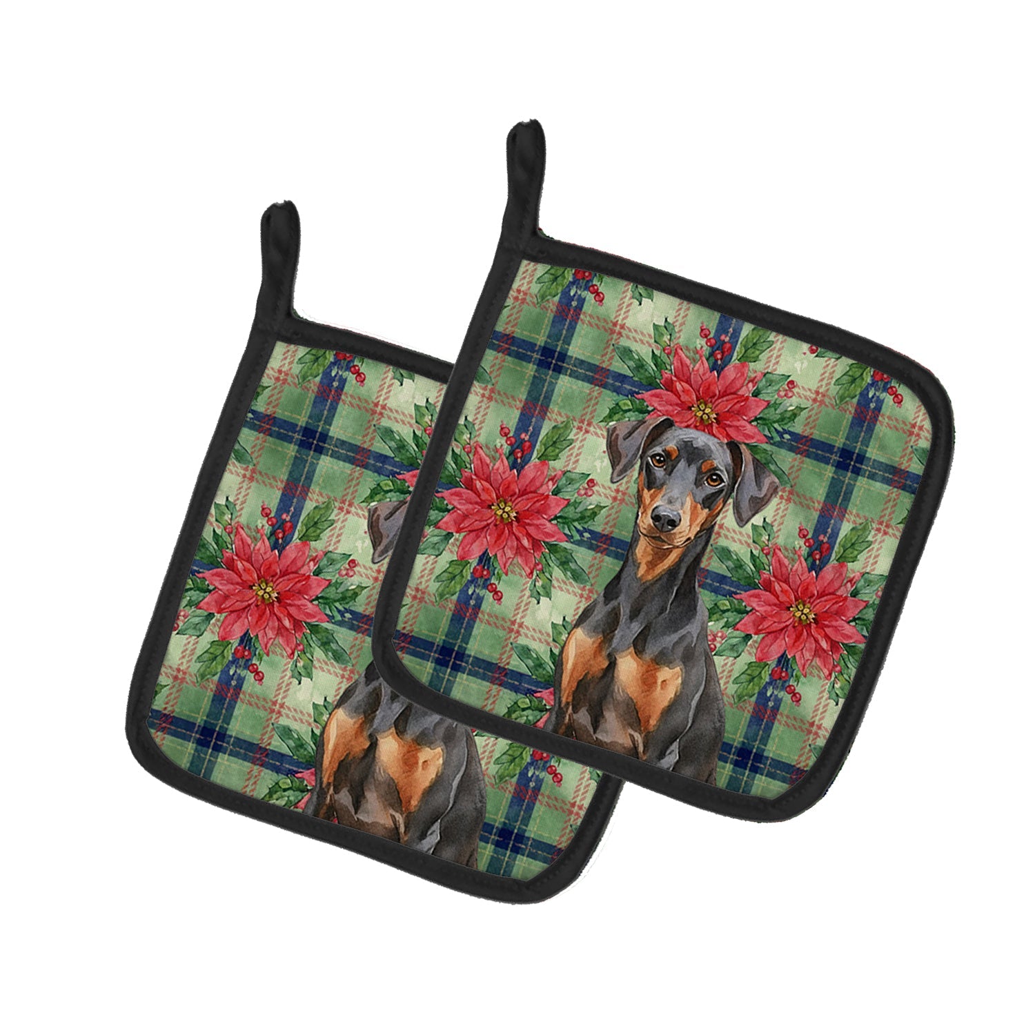 German Pinscher Christmas PoinsettIas Pot Holder Set of 2 Heat Resistant Quilted Hot Pads 7.5 x 7.5 Inch, Insulated Kitchen Trivets for Cooking & Baking