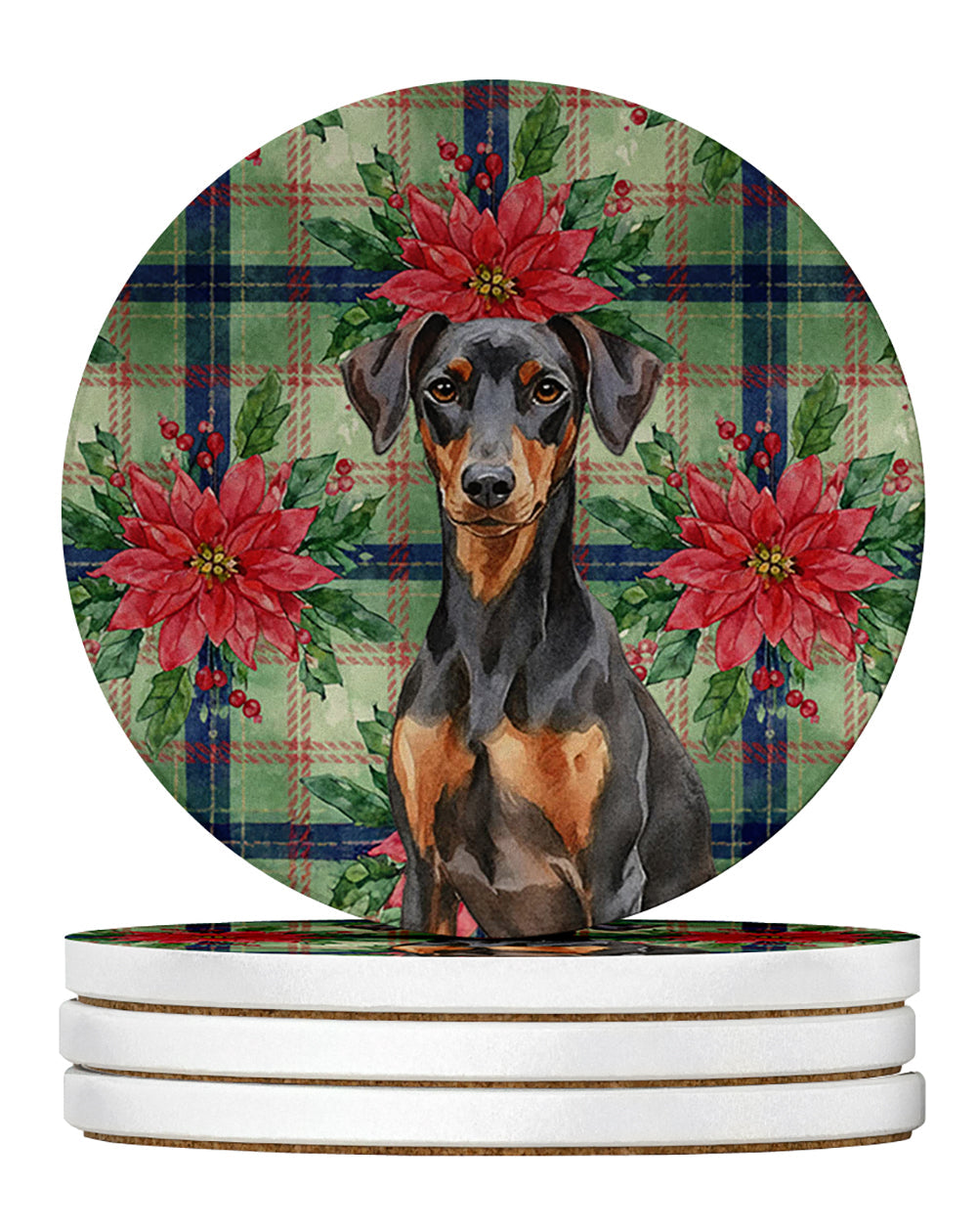 German Pinscher Christmas PoinsettIas Large Sandstone Coasters Pack of 4 Absorbent Round Coasters Decor Gifts for Men or Women, 4 in, Multicolor
