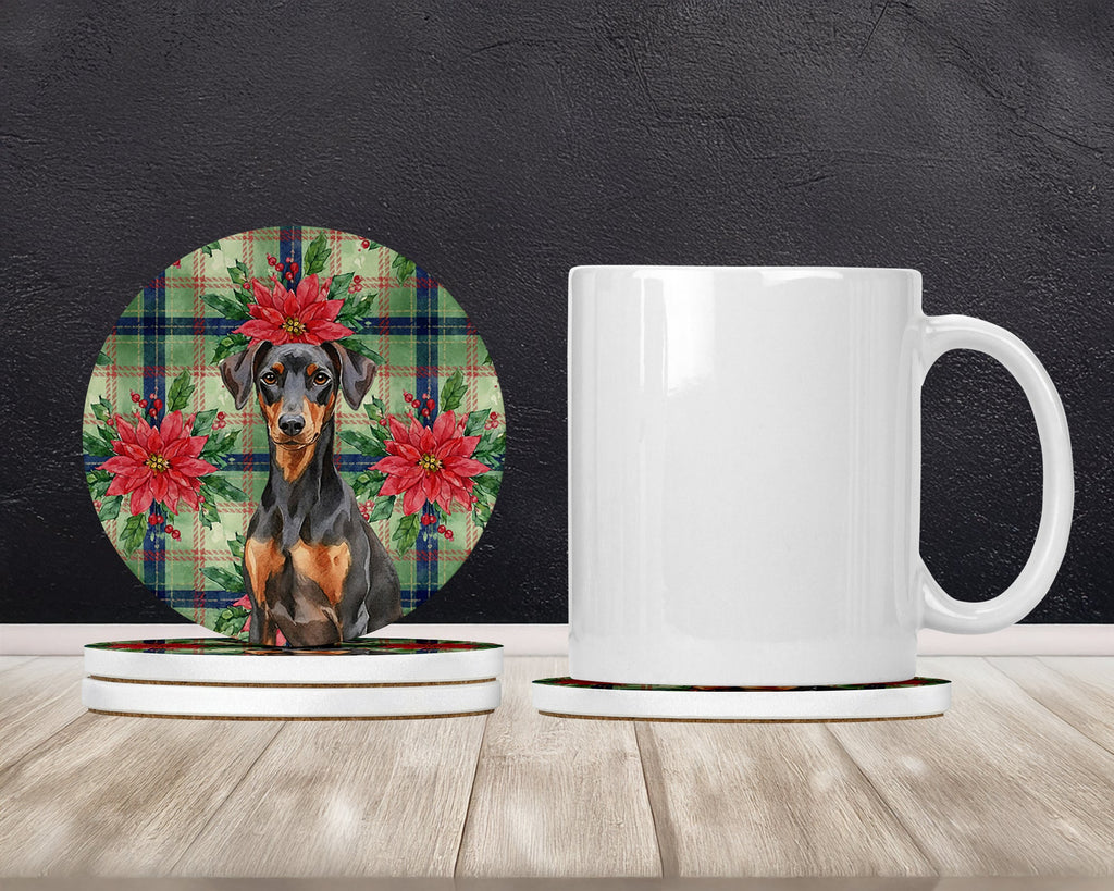 German Pinscher Christmas PoinsettIas Large Sandstone Coasters Pack of 4 Absorbent Round Coasters Decor Gifts for Men or Women, 4 in, Multicolor