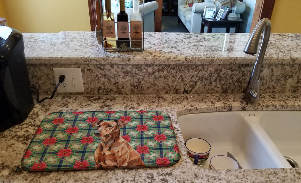 Red German Pinscher Christmas PoinsettIas Dish Drying Mat Absorbent Dish Drying Mat Pad for Kitchen Counter Dish Drainer Mat for Countertop, 14 x 21", Multicolor