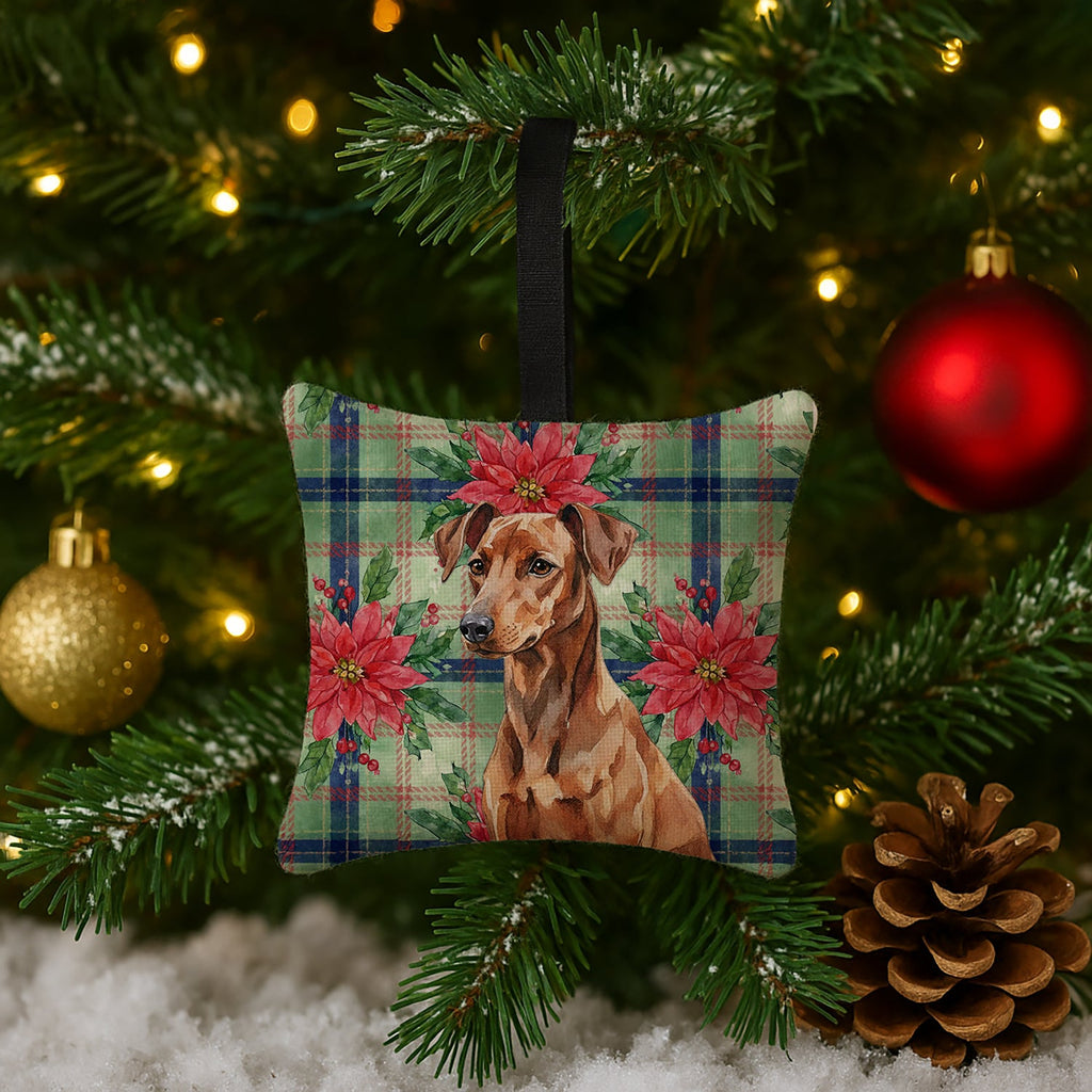 Red German Pinscher Christmas PoinsettIas Hanging Square Fabric Ornament 3.5 � 3.5 Decorative Door-Knob & Tree Hanger, Soft Fabric