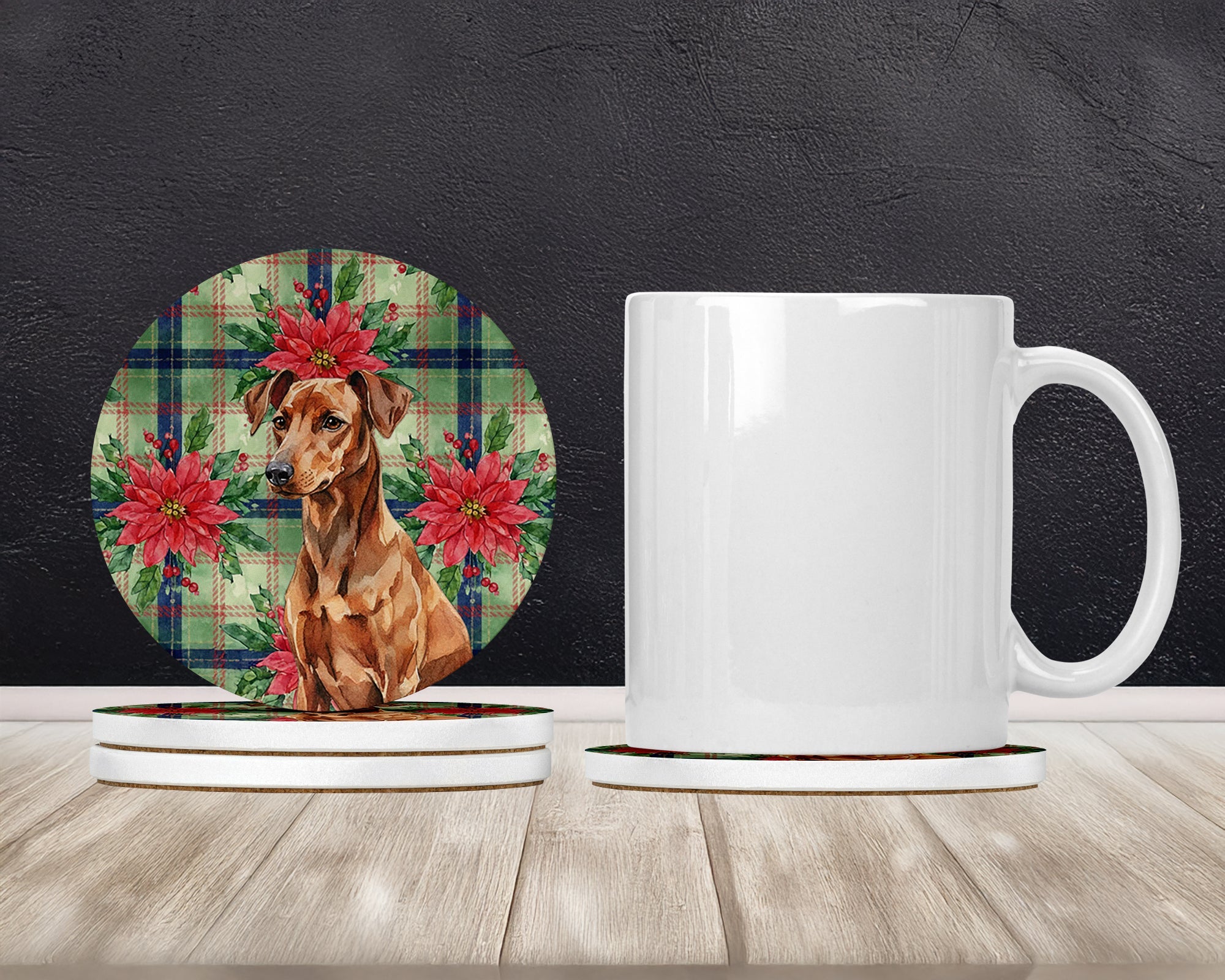 Red German Pinscher Christmas PoinsettIas Large Sandstone Coasters Pack of 4 Absorbent Round Coasters Decor Gifts for Men or Women, 4 in, Multicolor