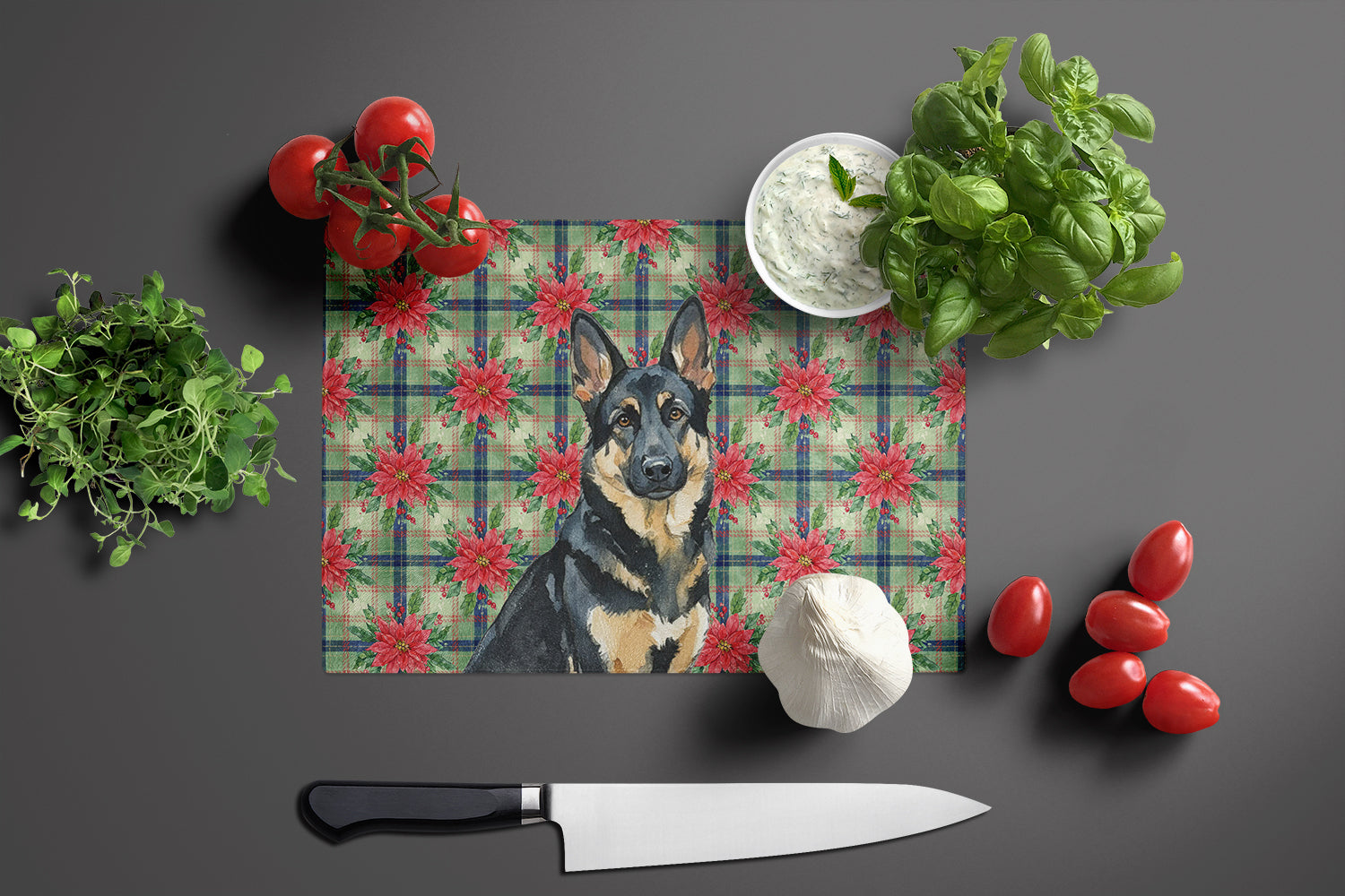 Black and Tan German Shepherd Christmas PoinsettIas Cutting Board Tempered Glass Kitchen Cutting Surface, Heat Resistant Chopping, Non-Slip Feet, Food Prep & Serving