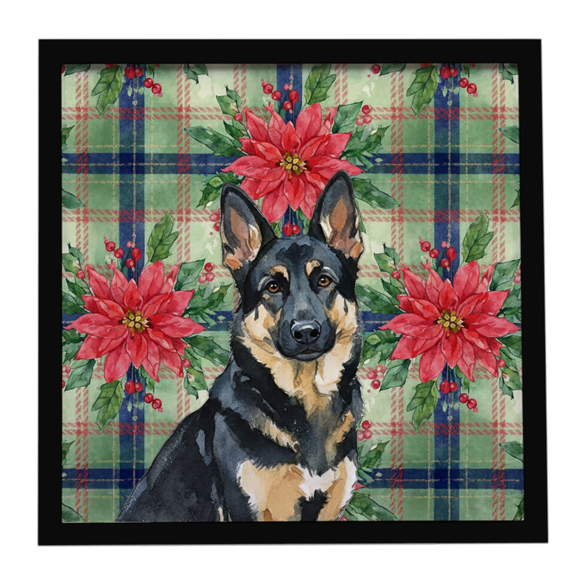 Black and Tan German Shepherd Christmas PoinsettIas Framed Metal Print Bathroom, Kitchen, Office, Home Decor Wall Art Ready to Hang, Square, 8X8