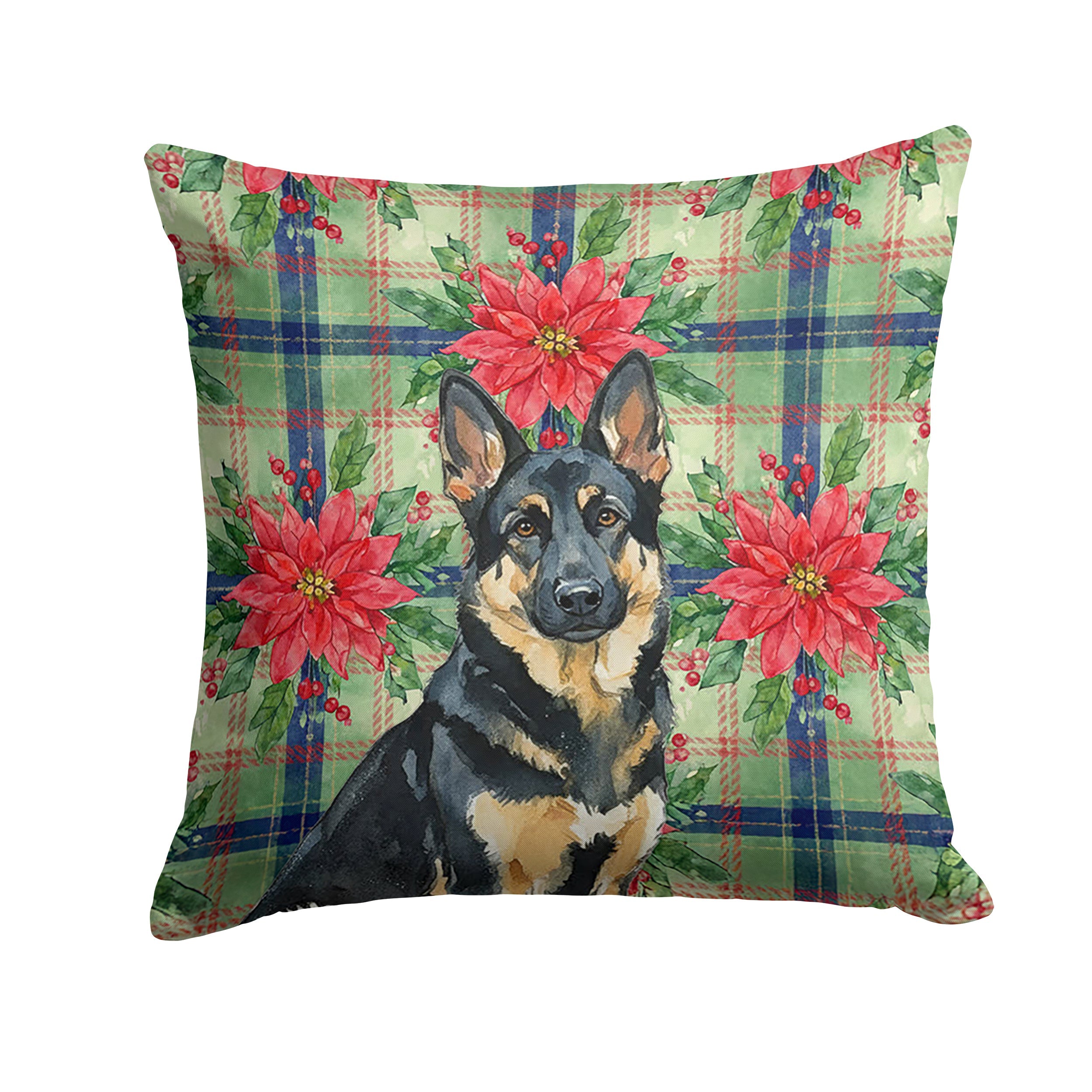 Black and Tan German Shepherd Christmas PoinsettIas Decorative Throw Pillow 14x14 Indoor Outdoor Accent Cushion, Fabric Cover with Insert for Sofa, Bed, Porch & Living Room