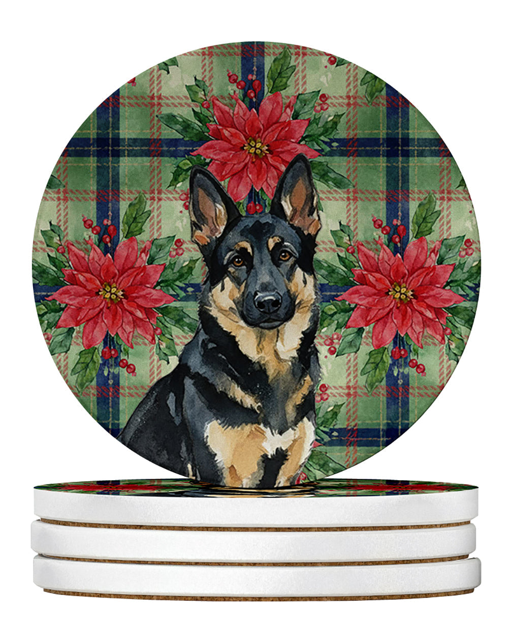Black and Tan German Shepherd Christmas PoinsettIas Large Sandstone Coasters Pack of 4 Absorbent Round Coasters Decor Gifts for Men or Women, 4 in, Multicolor