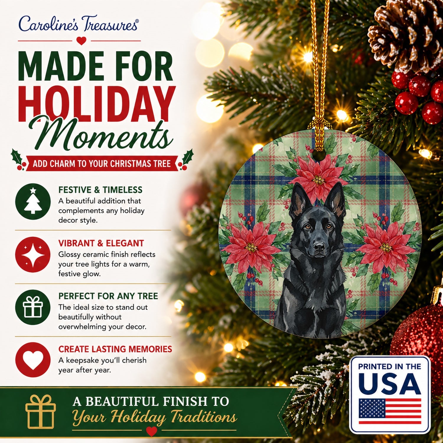 Black German Shepherd Christmas PoinsettIas Ceramic Ornament Christmas Tree Hanging Decorations for Home Christmas Holiday, Party, Gift, 3 in, Multicolor