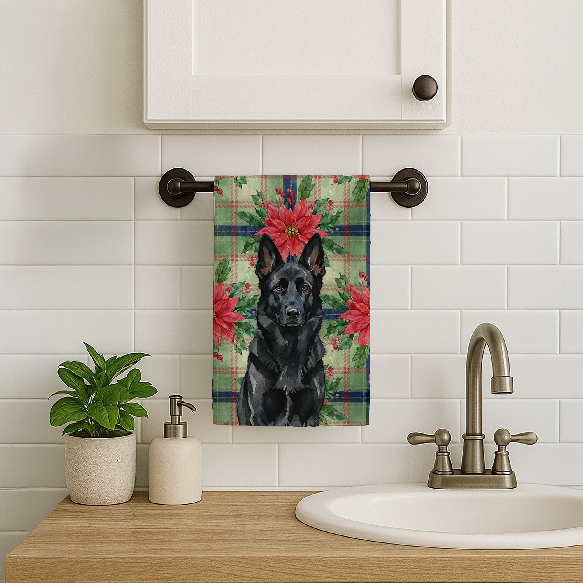 Black German Shepherd Christmas PoinsettIas Kitchen Towel Velour Plush Front and Cotton Loop Back Machine Washable