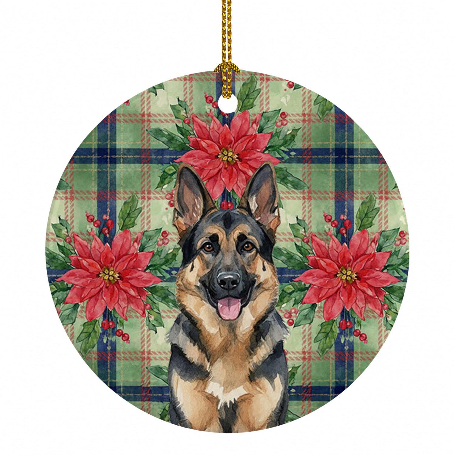 German Shepherd Christmas PoinsettIas Ceramic Ornament Christmas Tree Hanging Decorations for Home Christmas Holiday, Party, Gift, 3 in, Multicolor