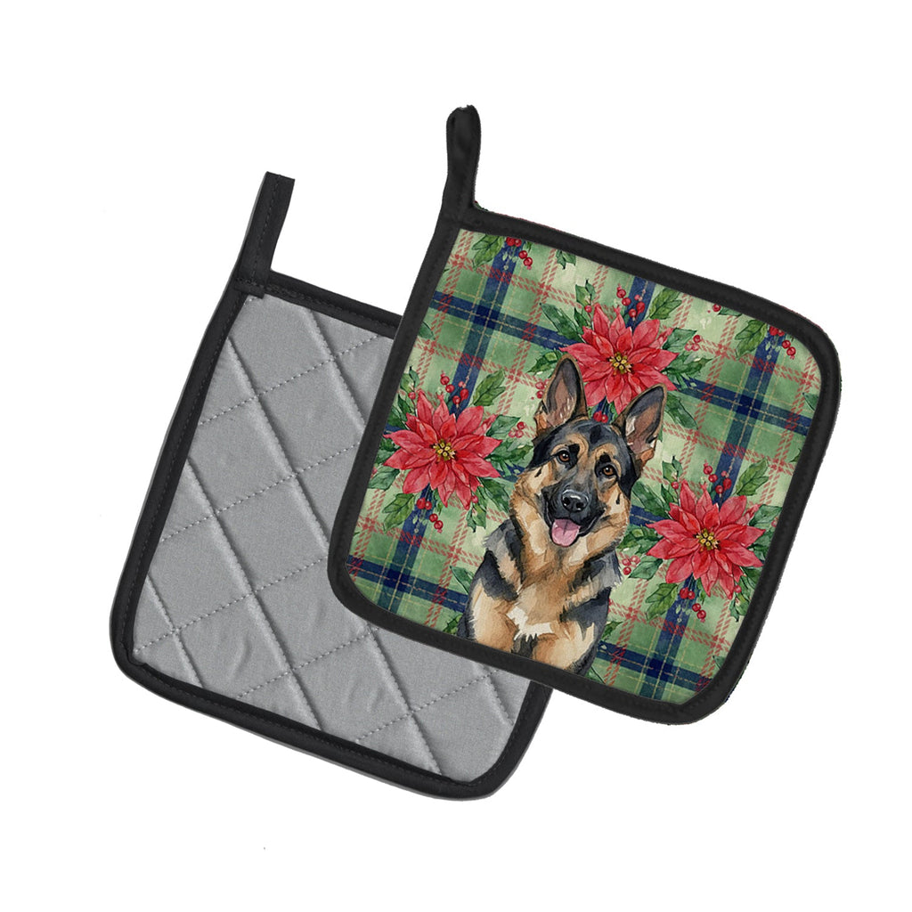 German Shepherd Christmas PoinsettIas Pot Holder Set of 2 Heat Resistant Quilted Hot Pads 7.5 x 7.5 Inch, Insulated Kitchen Trivets for Cooking & Baking