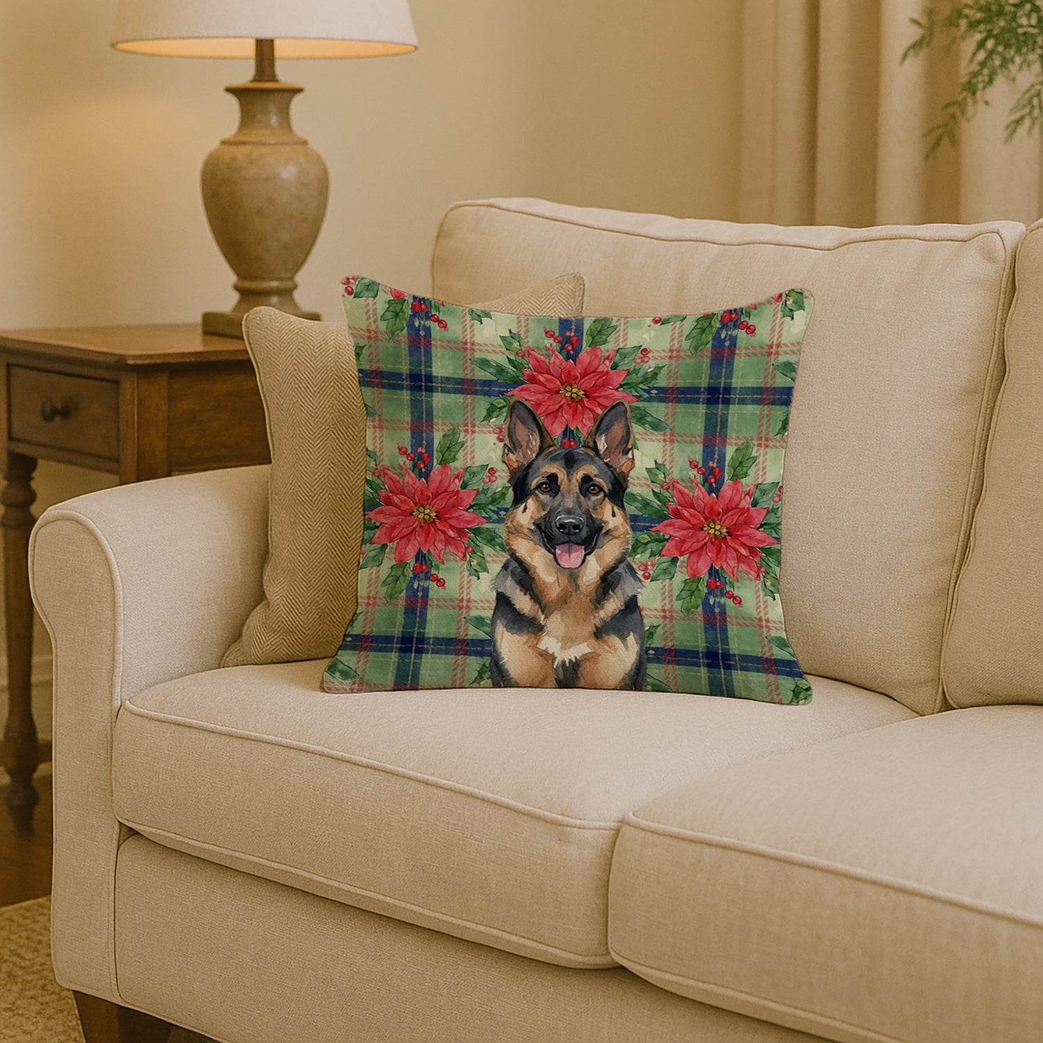 German Shepherd Christmas PoinsettIas Decorative Throw Pillow 14x14 Indoor Outdoor Accent Cushion, Fabric Cover with Insert for Sofa, Bed, Porch & Living Room