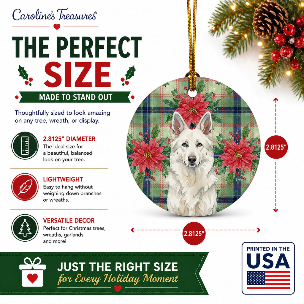 White German Shepherd Christmas PoinsettIas Ceramic Ornament Christmas Tree Hanging Decorations for Home Christmas Holiday, Party, Gift, 3 in, Multicolor