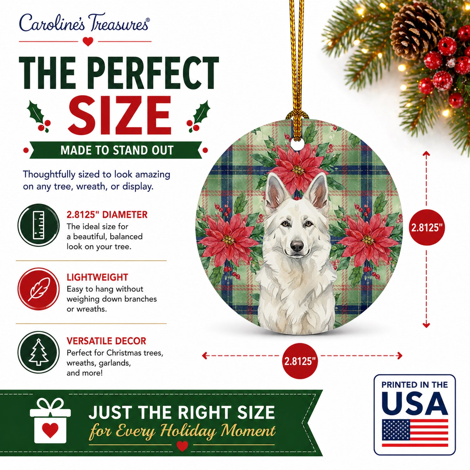 White German Shepherd Christmas PoinsettIas Ceramic Ornament Christmas Tree Hanging Decorations for Home Christmas Holiday, Party, Gift, 3 in, Multicolor
